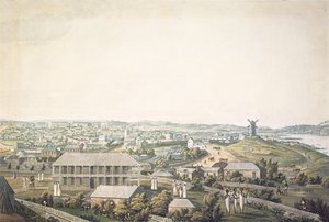 De stad Sydney in New South Wales, centraal deel van een panoramisch uitzicht, ca. 1821